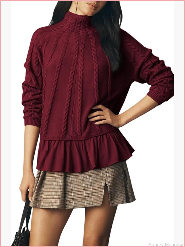 Oversized Turtleneck Cable Knit Sweater Long Sleeve Ruffle Hem Pullover